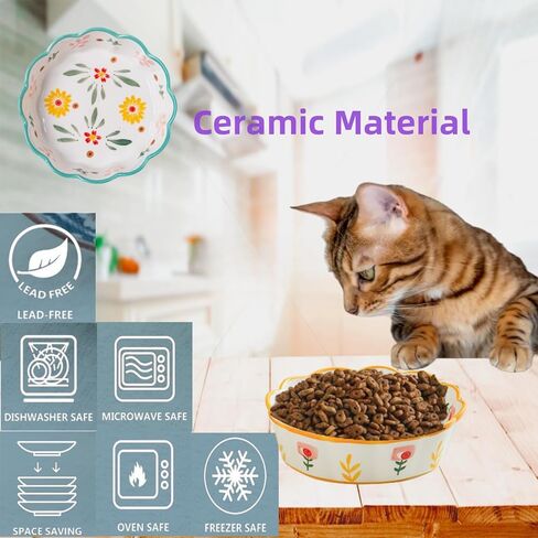 Premium Cat Food Bowl Set of 2, 6" Ceramic Cat Water Bowl, Cute Cat Bowls for Indoor Cats, Shallow Weighted Cat Dishes for Wet Food, Whisker Fatigue Kitten Bowls Large Capacity in Saudi Arabia