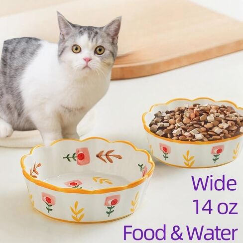 Premium Cat Food Bowl Set of 2, 6" Ceramic Cat Water Bowl, Cute Cat Bowls for Indoor Cats, Shallow Weighted Cat Dishes for Wet Food, Whisker Fatigue Kitten Bowls Large Capacity in Saudi Arabia