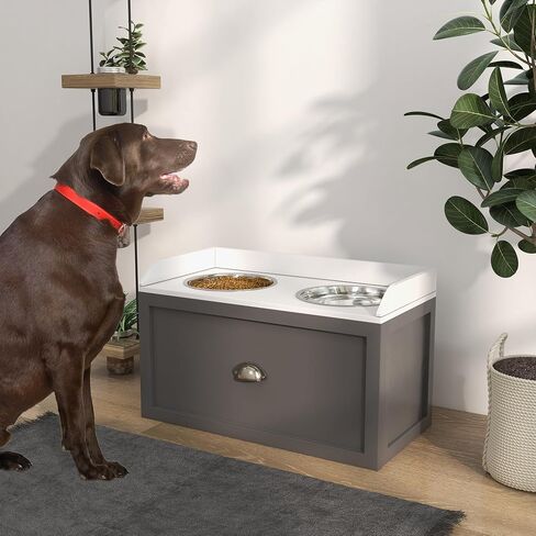 PawHut Dog Feeding Station with Storage Drawer, Dog Food Storage Cabinet with 2 Removable Elevated Dog Bowls for Large Sized Dogs, Brown in Saudi Arabia