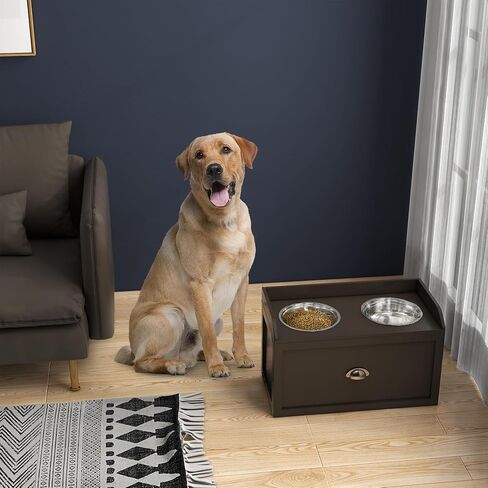 PawHut Dog Feeding Station with Storage Drawer, Dog Food Storage Cabinet with 2 Removable Elevated Dog Bowls for Large Sized Dogs, Brown in Saudi Arabia