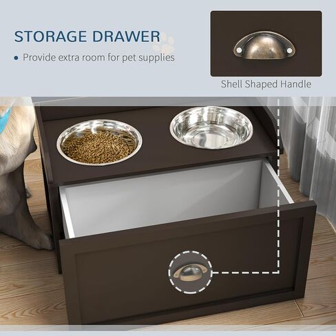 PawHut Dog Feeding Station with Storage Drawer, Dog Food Storage Cabinet with 2 Removable Elevated Dog Bowls for Large Sized Dogs, Brown in Saudi Arabia