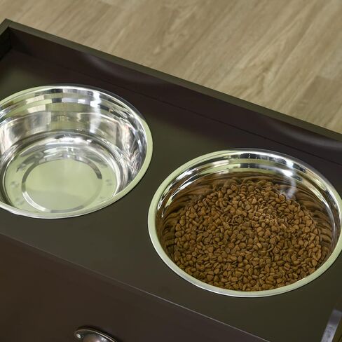PawHut Dog Feeding Station with Storage Drawer, Dog Food Storage Cabinet with 2 Removable Elevated Dog Bowls for Large Sized Dogs, Brown in Saudi Arabia