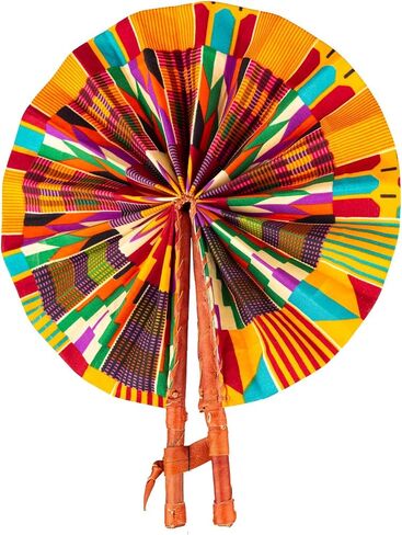 Handmade In Ghana African Ankara Fabric Decorative Folding Fan With Genuine Leather Handles (Fan C) in Saudi Arabia