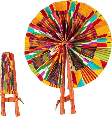 Handmade In Ghana African Ankara Fabric Decorative Folding Fan With Genuine Leather Handles (Fan C) in Saudi Arabia