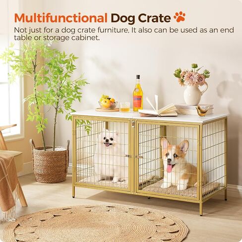 Dog Crate Furniture for 2 Dogs, 43.3" Dog Kennel with Removable Divider, Heavy Duty Wooden Dog Kennel for Small Medium Dog, Indoor Dog Cage End Table with Double Doors, White DCJW1201 in Kuwait