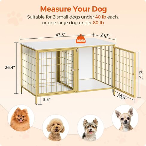 Dog Crate Furniture for 2 Dogs, 43.3" Dog Kennel with Removable Divider, Heavy Duty Wooden Dog Kennel for Small Medium Dog, Indoor Dog Cage End Table with Double Doors, White DCJW1201 in Kuwait