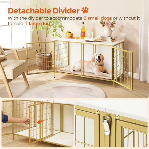 Dog Crate Furniture for 2 Dogs, 43.3" Dog Kennel with Removable Divider, Heavy Duty Wooden Dog Kennel for Small Medium Dog, Indoor Dog Cage End Table with Double Doors, White DCJW1201 in Kuwait