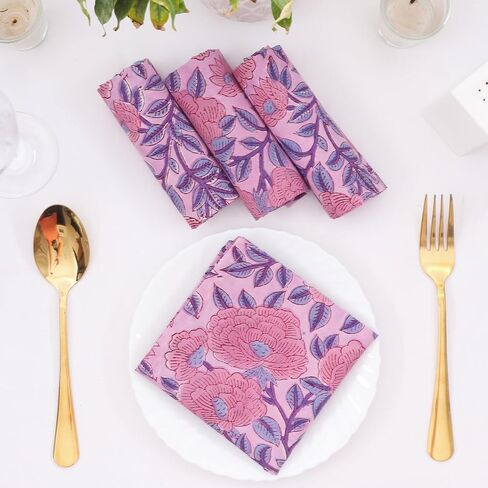 Baby Purple and Pink 100% Pure Cotton Cloth 20X20 Inch Washbale Napkins, Indian Hand Block Printed Reusable Set of 4 Dinner Napkins, Housewarming Wedding Christmas Napkins Gift for Her in Saudi Arabia