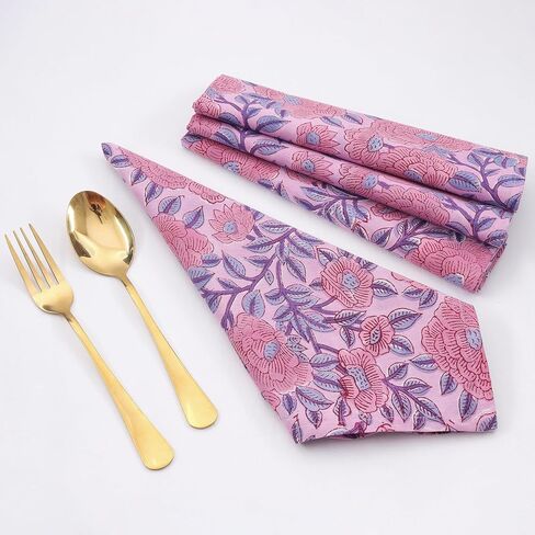 Baby Purple and Pink 100% Pure Cotton Cloth 20X20 Inch Washbale Napkins, Indian Hand Block Printed Reusable Set of 4 Dinner Napkins, Housewarming Wedding Christmas Napkins Gift for Her in Saudi Arabia
