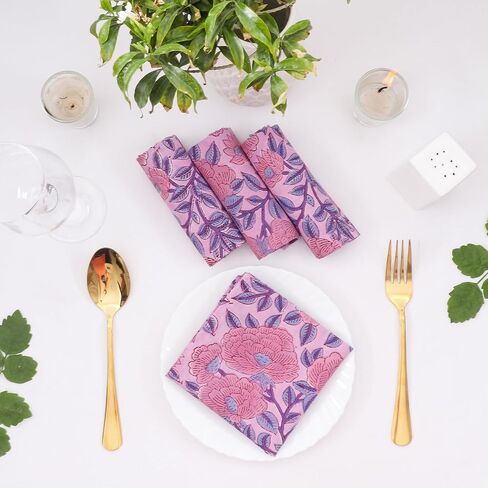 Baby Purple and Pink 100% Pure Cotton Cloth 20X20 Inch Washbale Napkins, Indian Hand Block Printed Reusable Set of 4 Dinner Napkins, Housewarming Wedding Christmas Napkins Gift for Her in Saudi Arabia