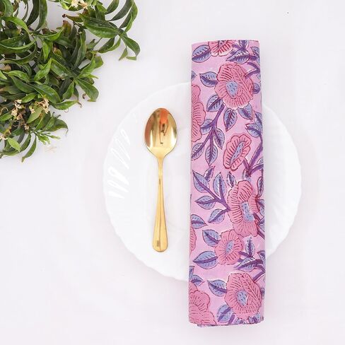 Baby Purple and Pink 100% Pure Cotton Cloth 20X20 Inch Washbale Napkins, Indian Hand Block Printed Reusable Set of 4 Dinner Napkins, Housewarming Wedding Christmas Napkins Gift for Her in Saudi Arabia