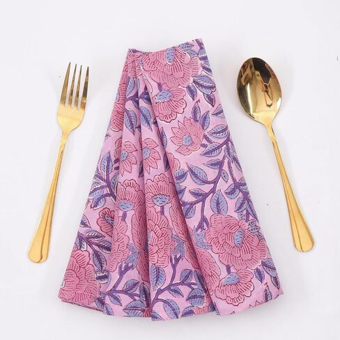 Baby Purple and Pink 100% Pure Cotton Cloth 20X20 Inch Washbale Napkins, Indian Hand Block Printed Reusable Set of 4 Dinner Napkins, Housewarming Wedding Christmas Napkins Gift for Her in Saudi Arabia
