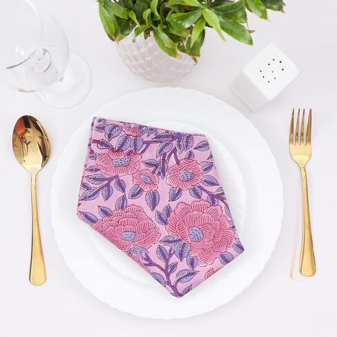 Baby Purple and Pink 100% Pure Cotton Cloth 20X20 Inch Washbale Napkins, Indian Hand Block Printed Reusable Set of 4 Dinner Napkins, Housewarming Wedding Christmas Napkins Gift for Her in Saudi Arabia