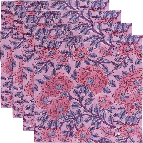Baby Purple and Pink 100% Pure Cotton Cloth 20X20 Inch Washbale Napkins, Indian Hand Block Printed Reusable Set of 4 Dinner Napkins, Housewarming Wedding Christmas Napkins Gift for Her in Saudi Arabia