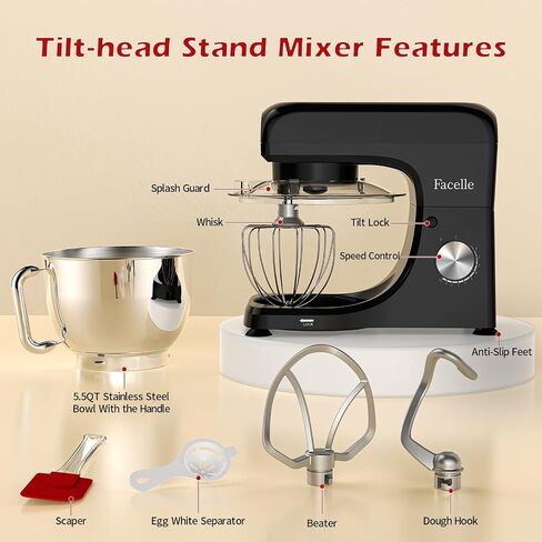 Stand Mixer, Facelle 5.5Qt Mixers Kitchen Electric, 10+P Speed Tilt-Head Cake Mixer for Daily Use Baking with Stainless Steel Bowl, Dough Hook, Wire Whisk, Flat Beater, Spatula-Black in Saudi Arabia