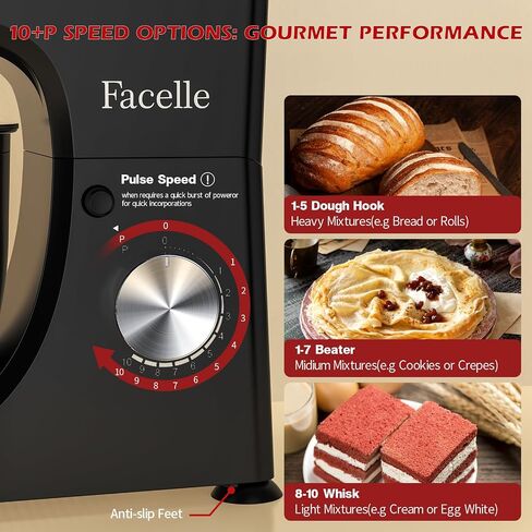 Stand Mixer, Facelle 5.5Qt Mixers Kitchen Electric, 10+P Speed Tilt-Head Cake Mixer for Daily Use Baking with Stainless Steel Bowl, Dough Hook, Wire Whisk, Flat Beater, Spatula-Black in Saudi Arabia