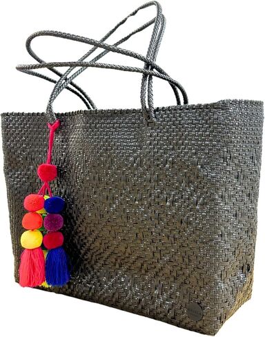Large Handmade Woven Totes Bag, Recycled Plastic, Mexican, Beach Bag, Pool Bag, Colorful Summer Tote Bag, with PomPom Tassel and Dust bag, Black in Saudi Arabia