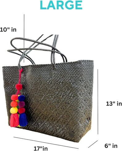 Large Handmade Woven Totes Bag, Recycled Plastic, Mexican, Beach Bag, Pool Bag, Colorful Summer Tote Bag, with PomPom Tassel and Dust bag, Black in Saudi Arabia