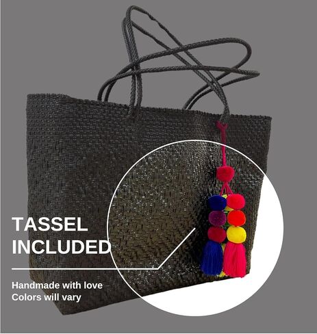 Large Handmade Woven Totes Bag, Recycled Plastic, Mexican, Beach Bag, Pool Bag, Colorful Summer Tote Bag, with PomPom Tassel and Dust bag, Black in Saudi Arabia