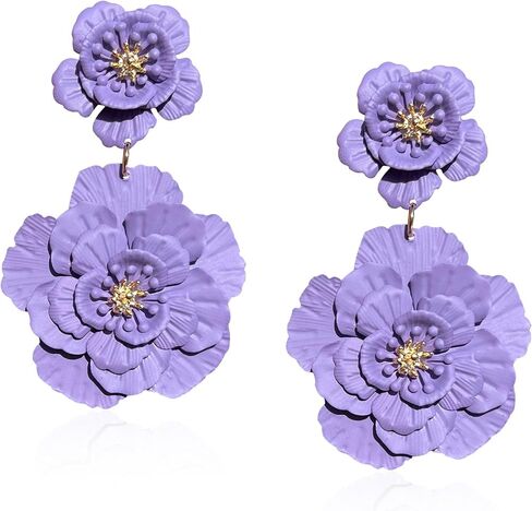 Just Follow Large Double Flower Earrings Candy Color Metal Flower Dangle Earrings Romantic Boho Sweet Flower Statement Earrings for Women Girl Wedding Party Jewelry (Hot Pink) in Saudi Arabia