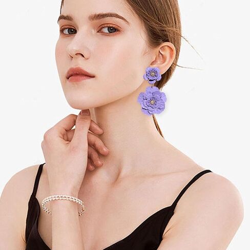 Just Follow Large Double Flower Earrings Candy Color Metal Flower Dangle Earrings Romantic Boho Sweet Flower Statement Earrings for Women Girl Wedding Party Jewelry (Hot Pink) in Saudi Arabia