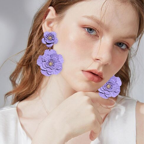 Just Follow Large Double Flower Earrings Candy Color Metal Flower Dangle Earrings Romantic Boho Sweet Flower Statement Earrings for Women Girl Wedding Party Jewelry (Hot Pink) in Saudi Arabia