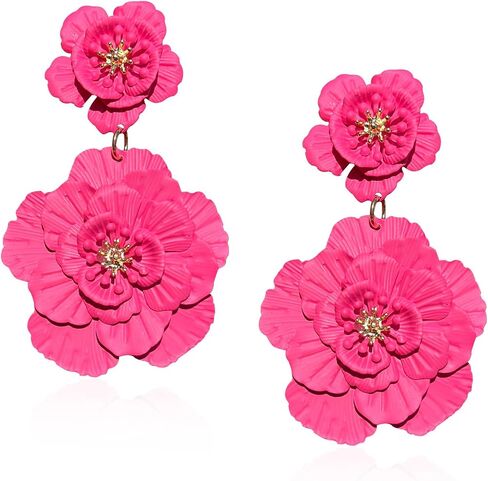 Just Follow Large Double Flower Earrings Candy Color Metal Flower Dangle Earrings Romantic Boho Sweet Flower Statement Earrings for Women Girl Wedding Party Jewelry (Hot Pink) in Saudi Arabia