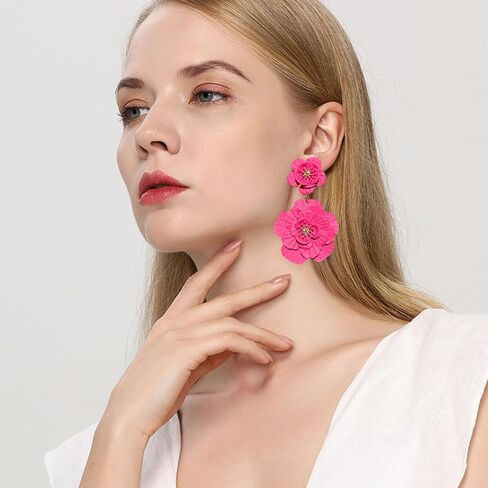 Just Follow Large Double Flower Earrings Candy Color Metal Flower Dangle Earrings Romantic Boho Sweet Flower Statement Earrings for Women Girl Wedding Party Jewelry (Hot Pink) in Saudi Arabia