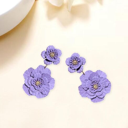 Just Follow Large Double Flower Earrings Candy Color Metal Flower Dangle Earrings Romantic Boho Sweet Flower Statement Earrings for Women Girl Wedding Party Jewelry (Hot Pink) in Saudi Arabia