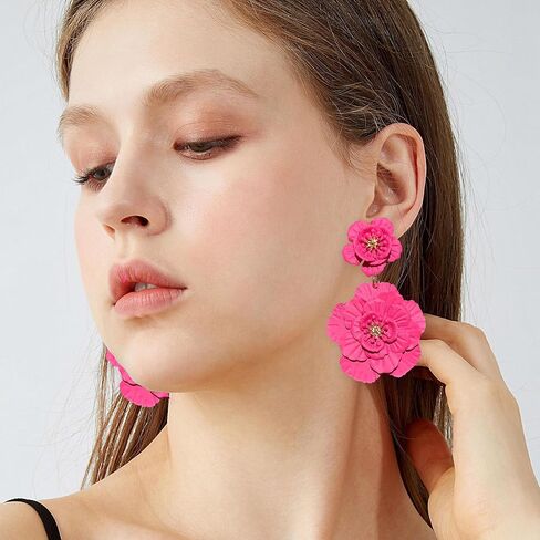 Just Follow Large Double Flower Earrings Candy Color Metal Flower Dangle Earrings Romantic Boho Sweet Flower Statement Earrings for Women Girl Wedding Party Jewelry (Hot Pink) in Saudi Arabia