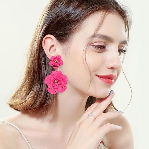 Just Follow Large Double Flower Earrings Candy Color Metal Flower Dangle Earrings Romantic Boho Sweet Flower Statement Earrings for Women Girl Wedding Party Jewelry (Hot Pink) in Saudi Arabia
