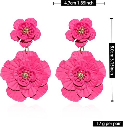 Just Follow Large Double Flower Earrings Candy Color Metal Flower Dangle Earrings Romantic Boho Sweet Flower Statement Earrings for Women Girl Wedding Party Jewelry (Hot Pink) in Saudi Arabia
