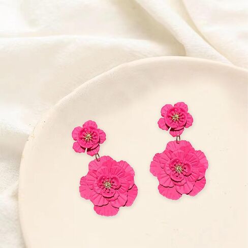 Just Follow Large Double Flower Earrings Candy Color Metal Flower Dangle Earrings Romantic Boho Sweet Flower Statement Earrings for Women Girl Wedding Party Jewelry (Hot Pink) in Saudi Arabia