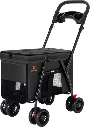 Pet Strollers,PET STROLLER for CATS/DOGS, 3-door, folds easily with one hand, large tires, removable liner, with rain cover, storage basket and cup holder in Saudi Arabia