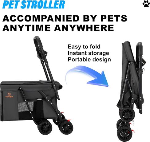 Pet Strollers,PET STROLLER for CATS/DOGS, 3-door, folds easily with one hand, large tires, removable liner, with rain cover, storage basket and cup holder in Saudi Arabia