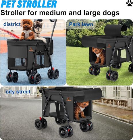 Pet Strollers,PET STROLLER for CATS/DOGS, 3-door, folds easily with one hand, large tires, removable liner, with rain cover, storage basket and cup holder in Saudi Arabia
