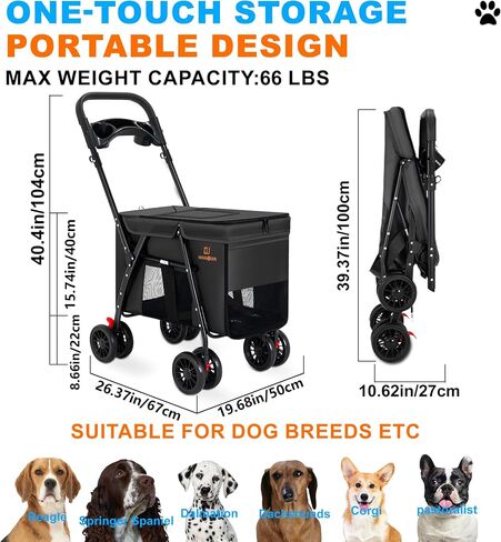 Pet Strollers,PET STROLLER for CATS/DOGS, 3-door, folds easily with one hand, large tires, removable liner, with rain cover, storage basket and cup holder in Saudi Arabia