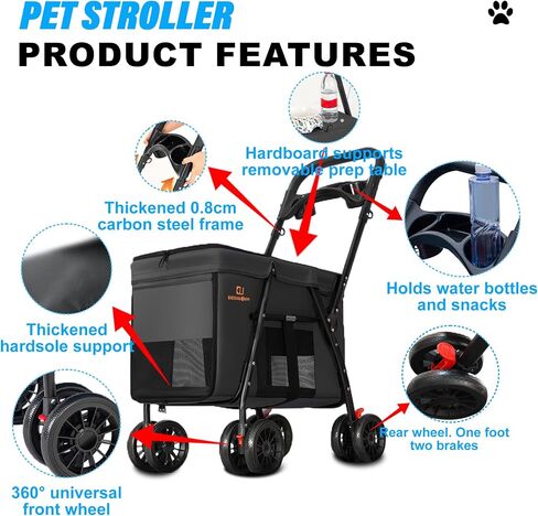 Pet Strollers,PET STROLLER for CATS/DOGS, 3-door, folds easily with one hand, large tires, removable liner, with rain cover, storage basket and cup holder in Saudi Arabia