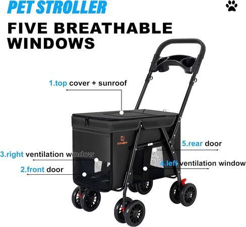 Pet Strollers,PET STROLLER for CATS/DOGS, 3-door, folds easily with one hand, large tires, removable liner, with rain cover, storage basket and cup holder in Saudi Arabia