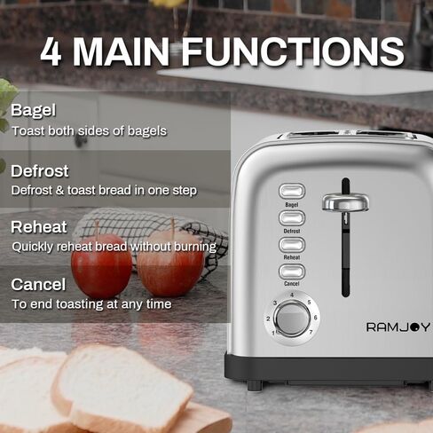 RAMJOY Toaster 2 Slice, Extra Wide Slot Toaster for Bagels, Bread, Waffles, 7 Shade Settings, 4 Main Functions, Removable Crumb Tray, 900 Watts Toasters, Brushed Stainless Steel in Saudi Arabia