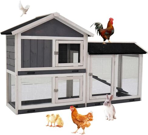 Rabbit Hutch, Indoor Bunny Cage, Outdoor Rabbit Cages with Run, Pet House with Deeper No Leak Tray, UV Panel, Removable Bottom Wire Mesh for Small Animals,Grey in Saudi Arabia