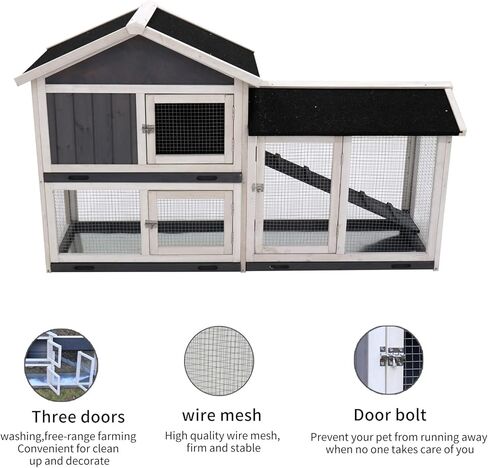 Rabbit Hutch, Indoor Bunny Cage, Outdoor Rabbit Cages with Run, Pet House with Deeper No Leak Tray, UV Panel, Removable Bottom Wire Mesh for Small Animals,Grey in Saudi Arabia