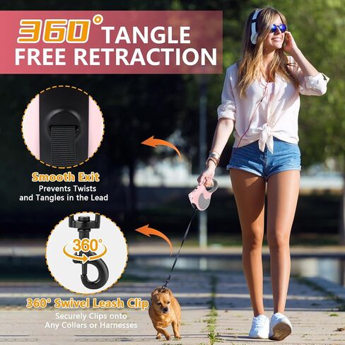 Retractable Dog Leash with Flashlight 16ft Walking Leash for Dogs up to 77lbs, 360° Tangle-Free Nylon Tape Anti-Slip Handle -Pink in Saudi Arabia