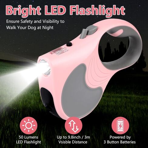 Retractable Dog Leash with Flashlight 16ft Walking Leash for Dogs up to 77lbs, 360° Tangle-Free Nylon Tape Anti-Slip Handle -Pink in Saudi Arabia