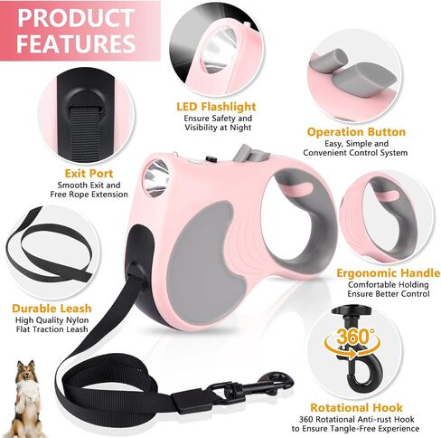 Retractable Dog Leash with Flashlight 16ft Walking Leash for Dogs up to 77lbs, 360° Tangle-Free Nylon Tape Anti-Slip Handle -Pink in Saudi Arabia
