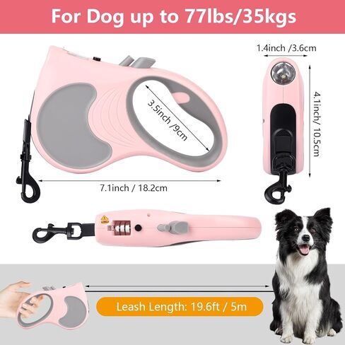 Retractable Dog Leash with Flashlight 16ft Walking Leash for Dogs up to 77lbs, 360° Tangle-Free Nylon Tape Anti-Slip Handle -Pink in Saudi Arabia