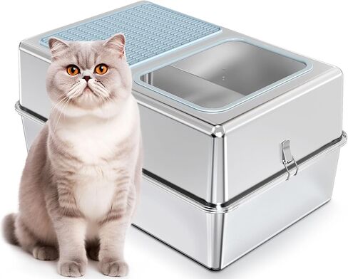 Stainless steel cat litter box - Enclosed large cat litter box, suitable for large cat, Top Entry Cat Litter Box with lid, easy to clean, odorless, non-stick, metal cat litter box in Saudi Arabia