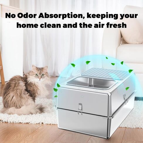 Stainless steel cat litter box - Enclosed large cat litter box, suitable for large cat, Top Entry Cat Litter Box with lid, easy to clean, odorless, non-stick, metal cat litter box in Saudi Arabia