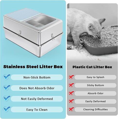 Stainless steel cat litter box - Enclosed large cat litter box, suitable for large cat, Top Entry Cat Litter Box with lid, easy to clean, odorless, non-stick, metal cat litter box in Saudi Arabia