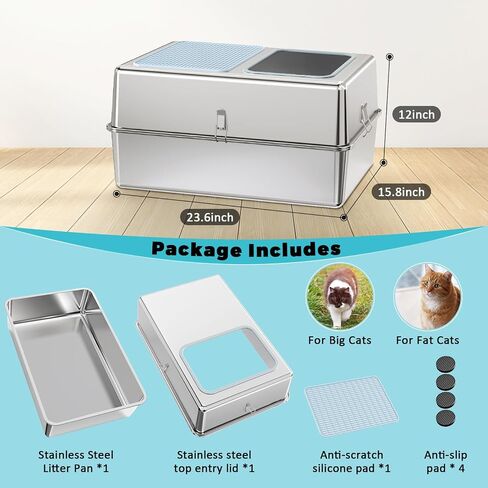 Stainless steel cat litter box - Enclosed large cat litter box, suitable for large cat, Top Entry Cat Litter Box with lid, easy to clean, odorless, non-stick, metal cat litter box in Saudi Arabia